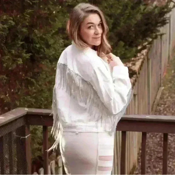 Sequin Fringe White Denim Jacket - Picture 1 of 8